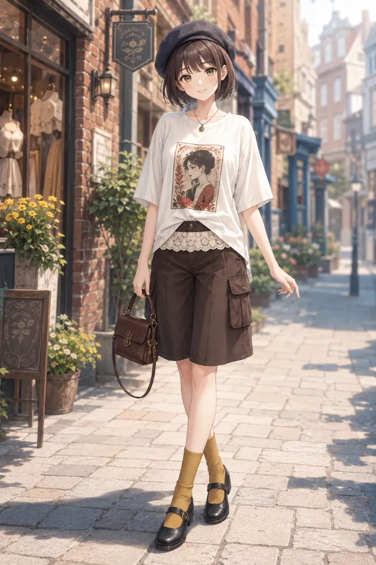AIイラスト版｜ブラウンのカーゴハーフパンツと白プリントTシャツのワークコーデ