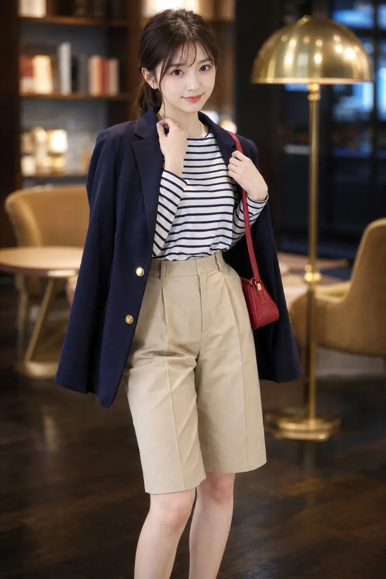 実写AI美女版｜ベージュのチノハーフパンツとネイビーブレザーのきれいめコーデ