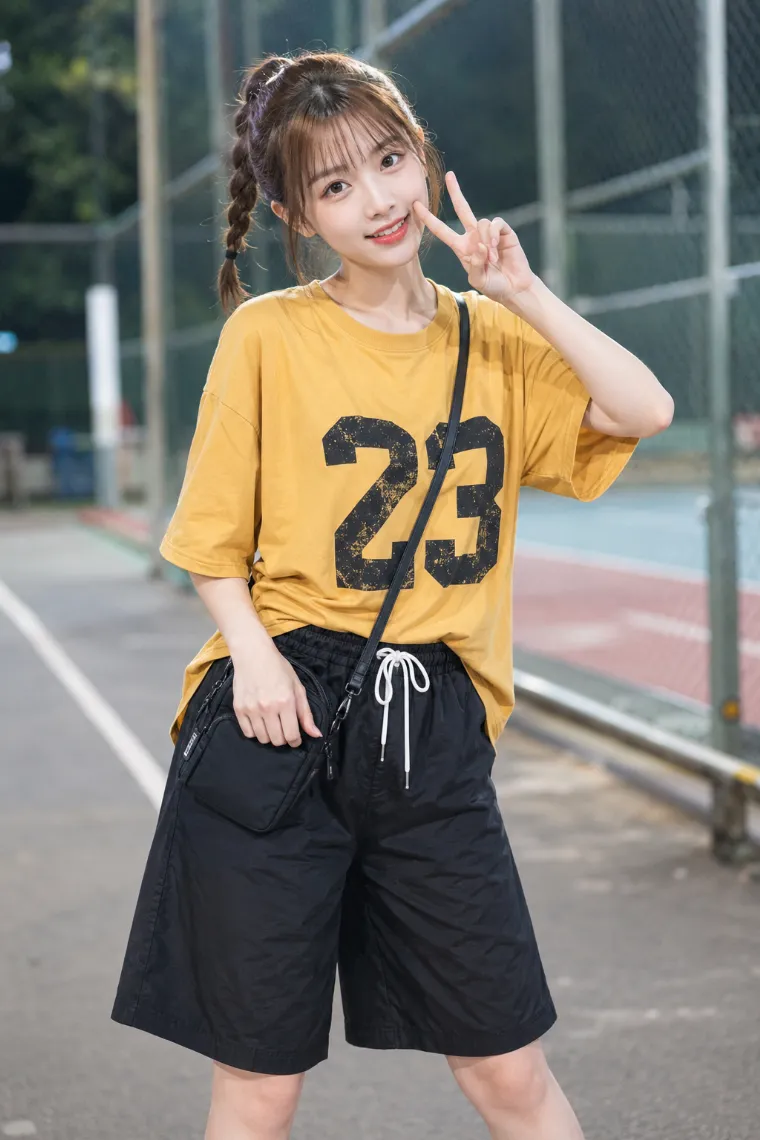 実写AI美女版｜黒ナイロンのハーフパンツとマスタードイエローTシャツのスポーティーコーデ
