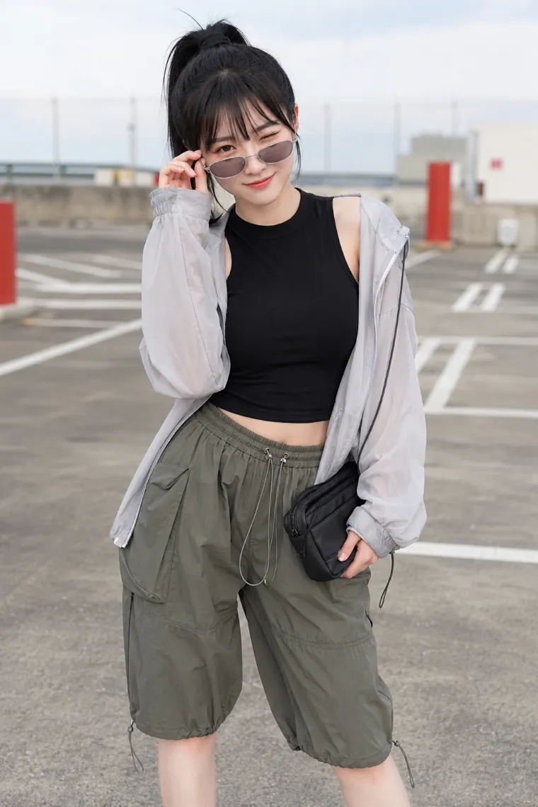 実写AI美女版｜オリーブのパラシュートハーフパンツとグレーパーカーのテックコーデ