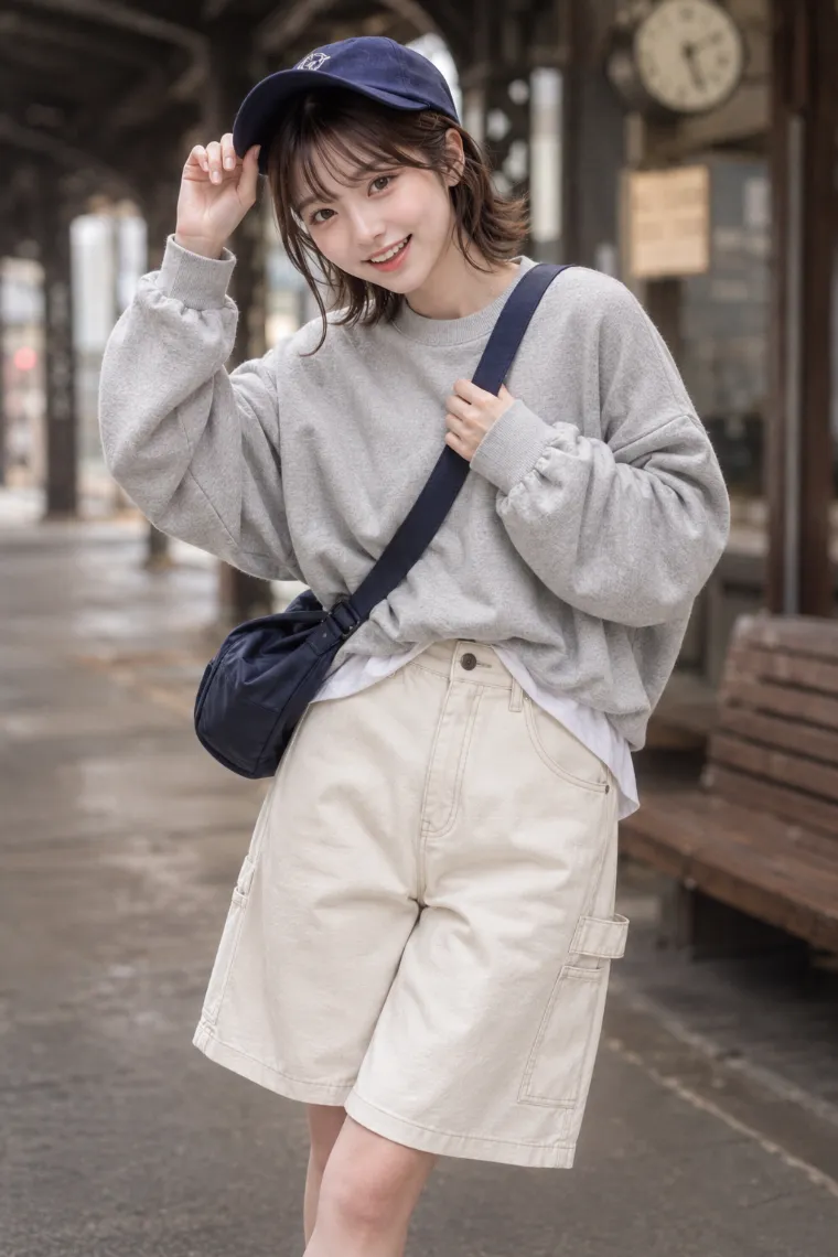 実写AI美女版｜アイボリーのカーペンターハーフパンツとグレースウェットのコーデ