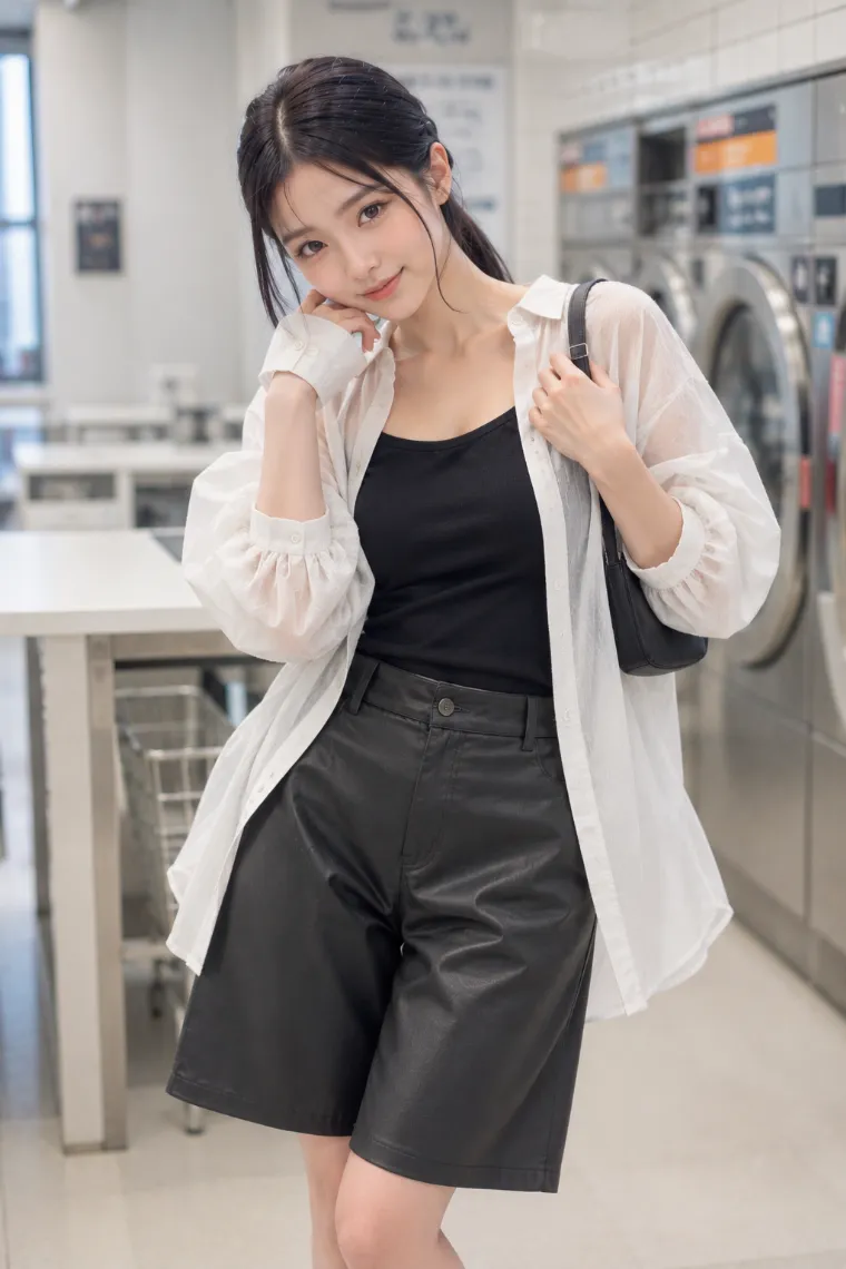 実写AI美女版｜黒のフェイクレザーハーフパンツと白シアーシャツのモードコーデ