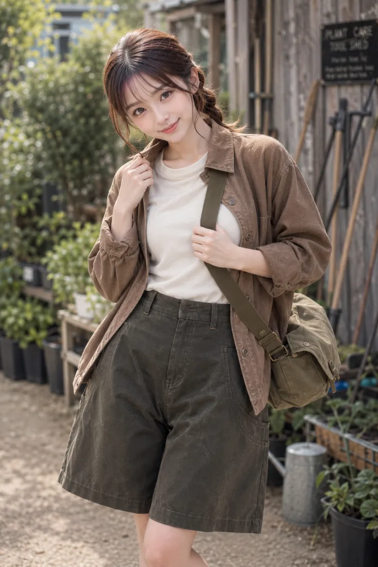 実写AI美女版｜オリーブのハーフパンツとブラウンのハンティングジャケットのコーデ