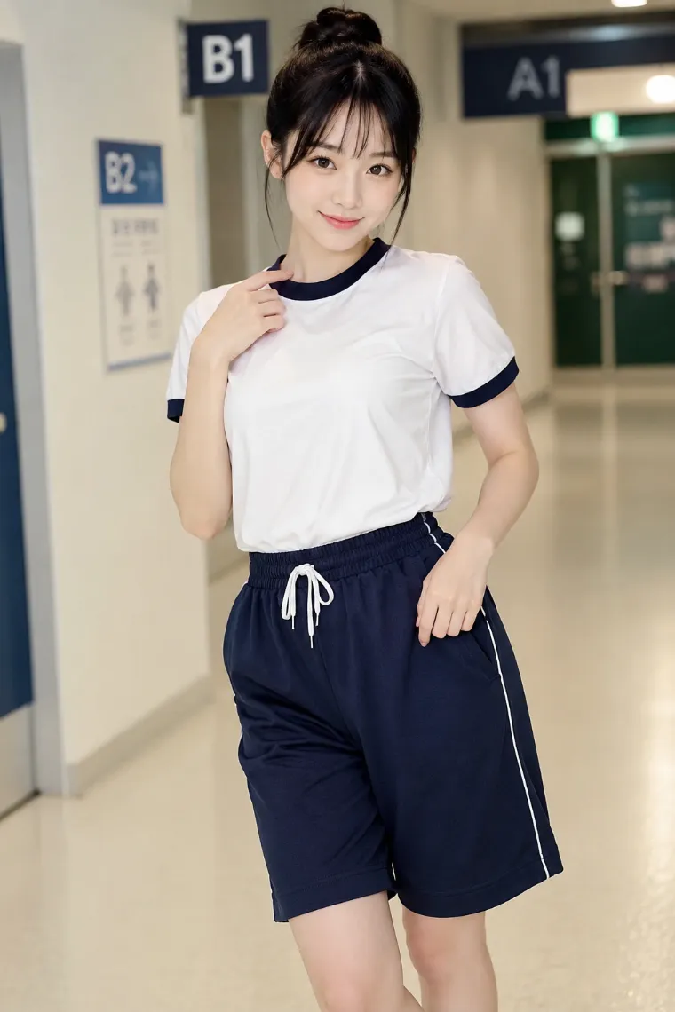 実写AI美女版｜ネイビーのジャージーハーフパンツと白い体操シャツのスポーツコーデ