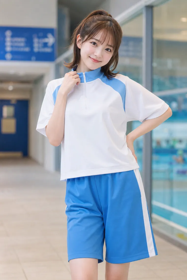 実写AI美女版｜サックスブルーのジャージーハーフパンツと白ハーフジップシャツのコーデ