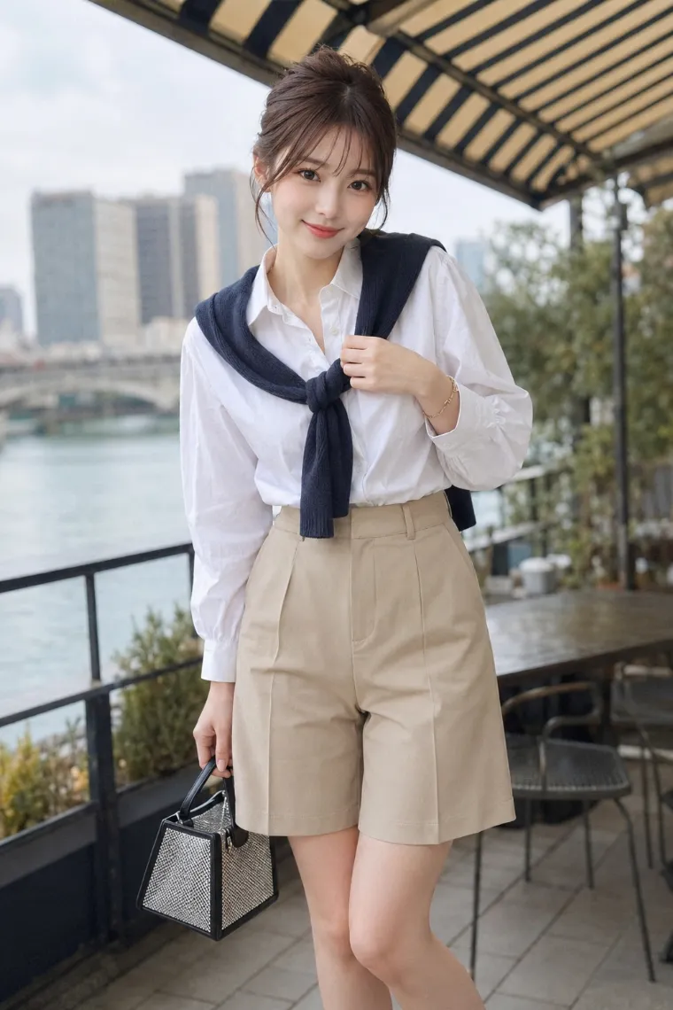 実写AI美女版｜ベージュのハーフパンツと白シャツにネイビーニットを合わせたコーデ