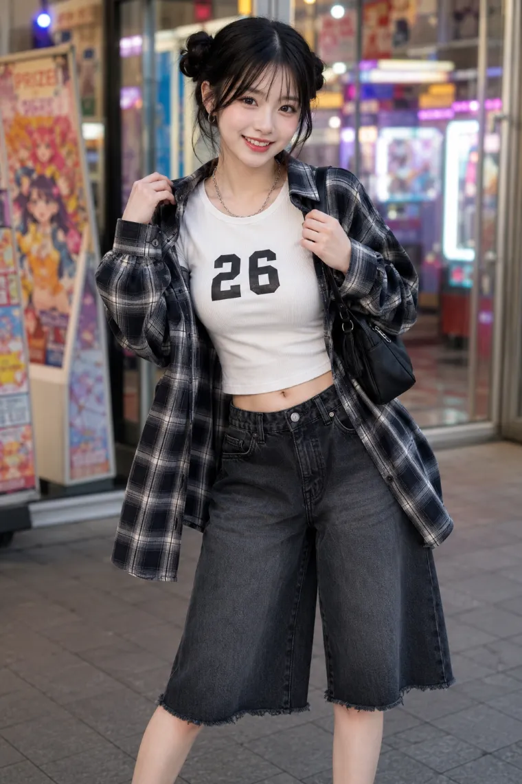 実写AI美女版｜ブラックデニムのハーフパンツとモノトーンチェックシャツのコーデ
