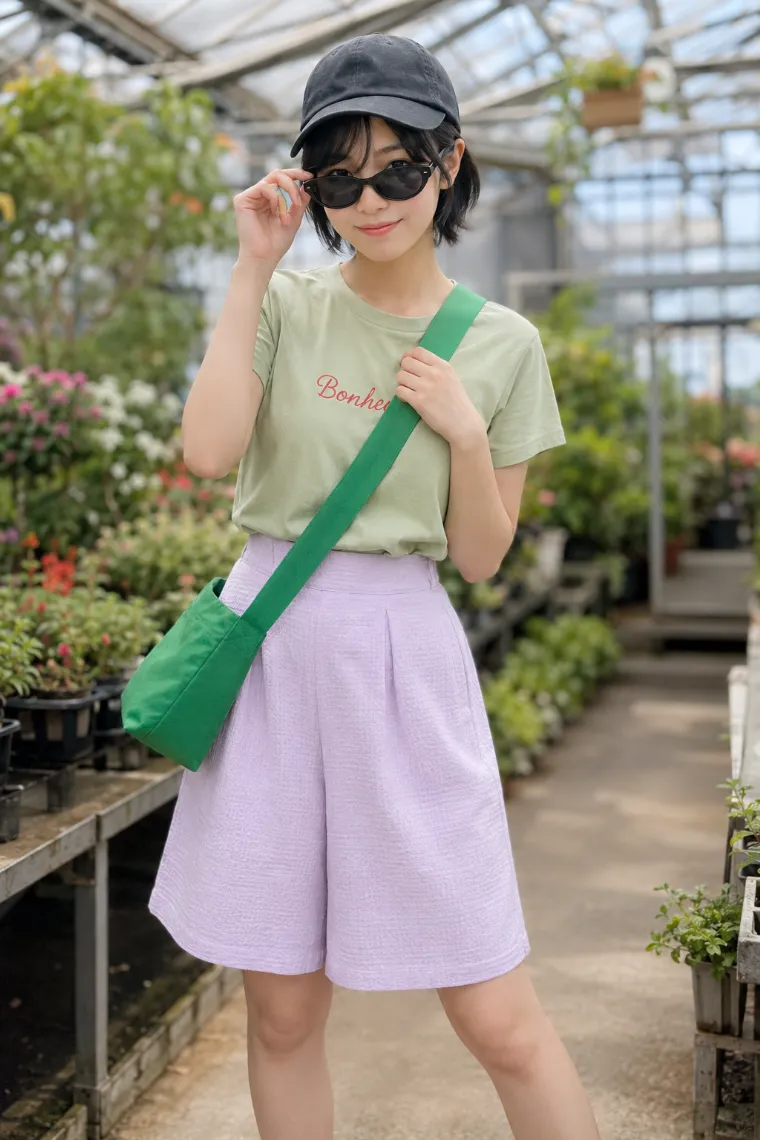 実写AI美女版｜ライラックのワイドハーフパンツとグリーンTシャツのカラーコーデ