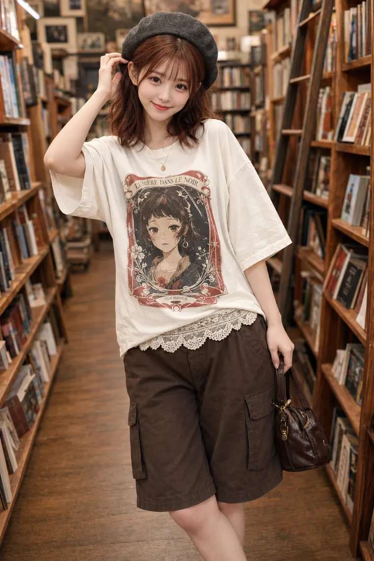 実写AI美女版｜ブラウンのカーゴハーフパンツと白プリントTシャツのワークコーデ