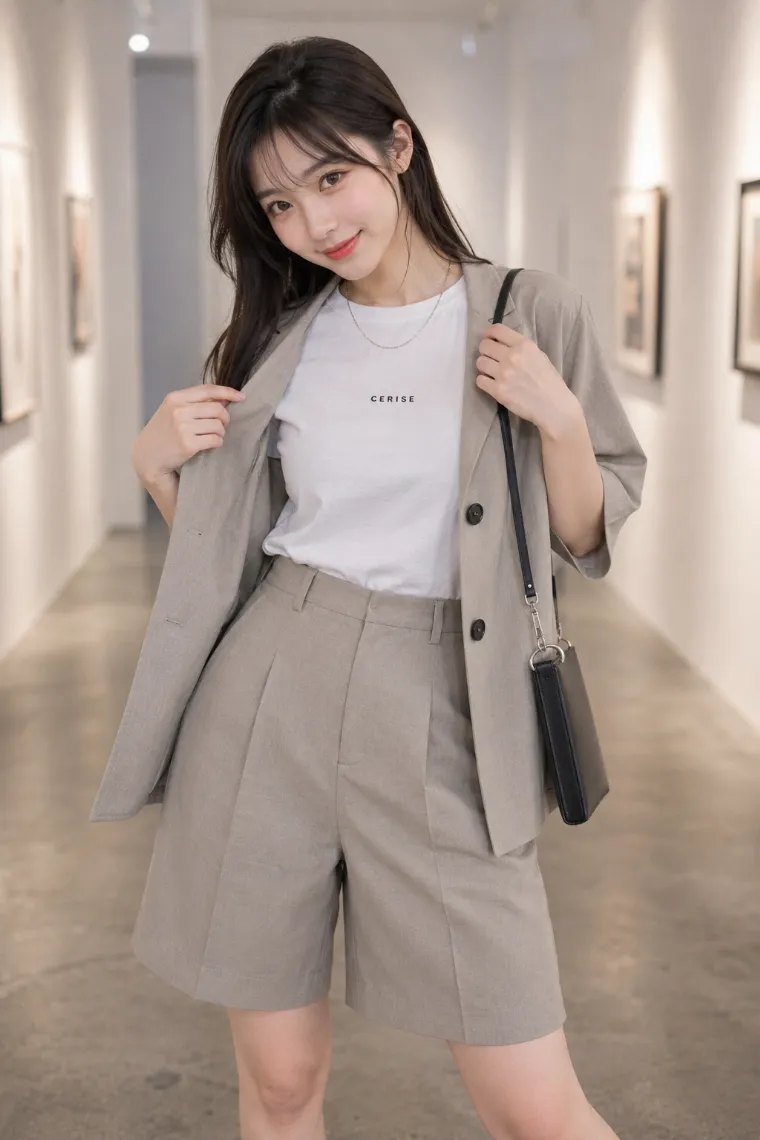 実写AI美女版｜グレージュのハーフパンツとジャケットのセットアップコーデ