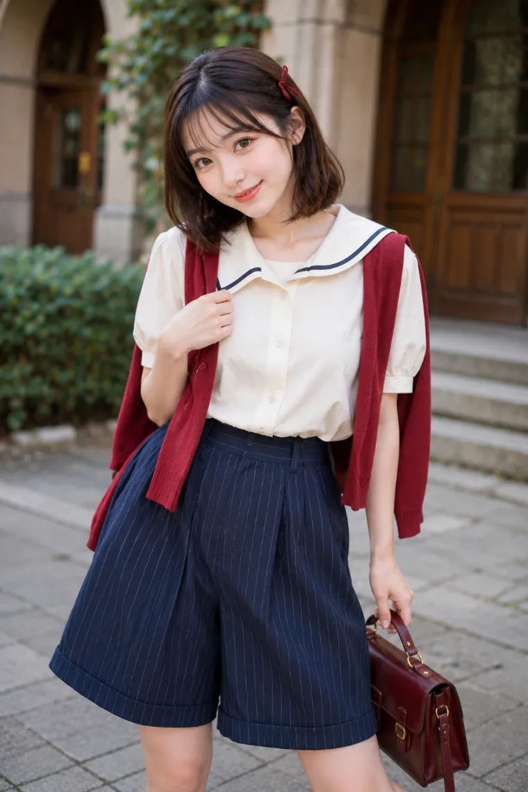 実写AI美女版｜ネイビーのピンストライプハーフパンツとセーラーブラウスのトラッドコーデ