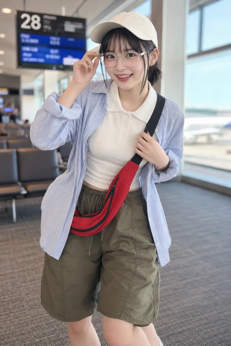 実写AI美女版｜オリーブのパラシュートハーフパンツと白ポロシャツのアウトドアコーデ