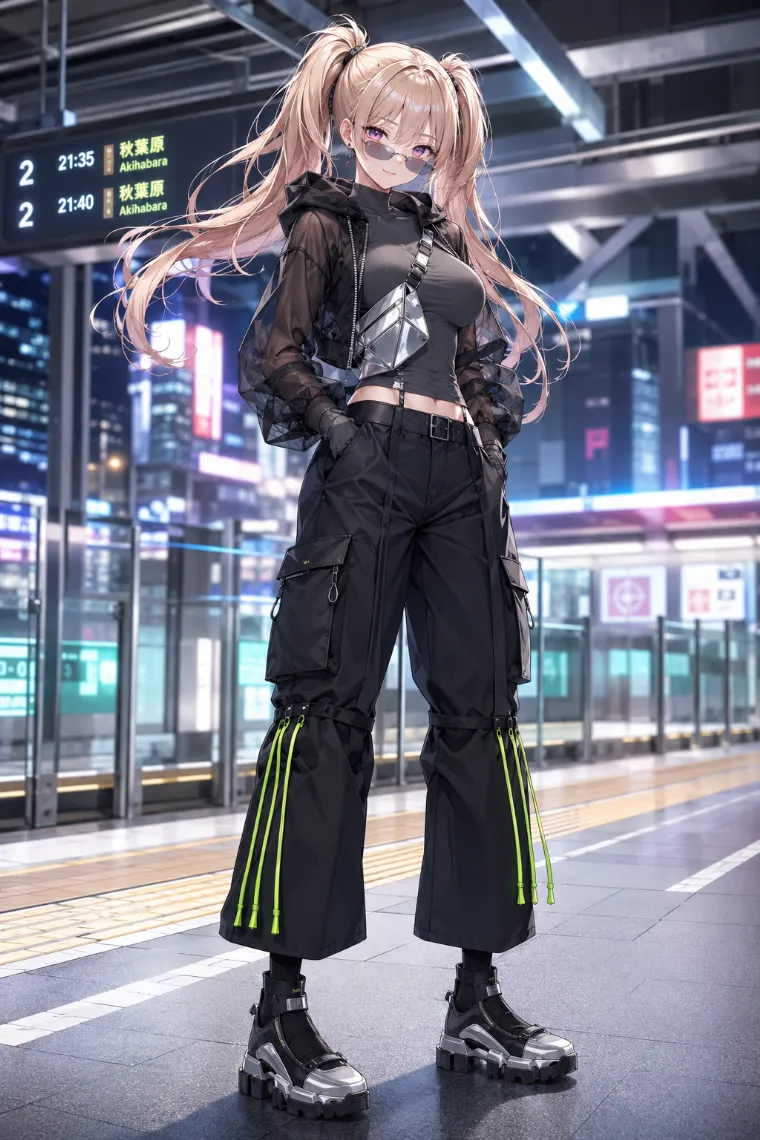 AIイラスト版｜黒シアーパーカーとワイドカーゴパンツを合わせたテック系の原宿系ファッション