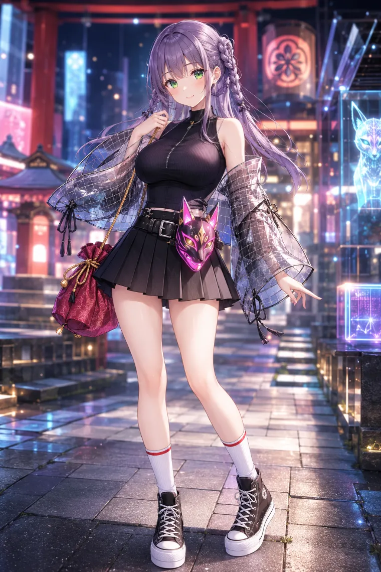AIイラスト版｜半透明PVCボレロと黒プリーツミニに狐面を合わせた和風サイバーの原宿系ファッション