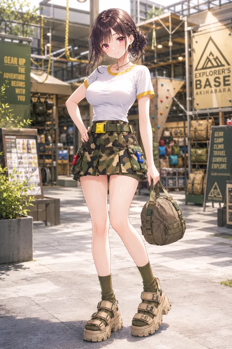 AIイラスト版｜白リンガーTシャツと迷彩カーゴミニを合わせたミリタリー風の原宿系ファッション