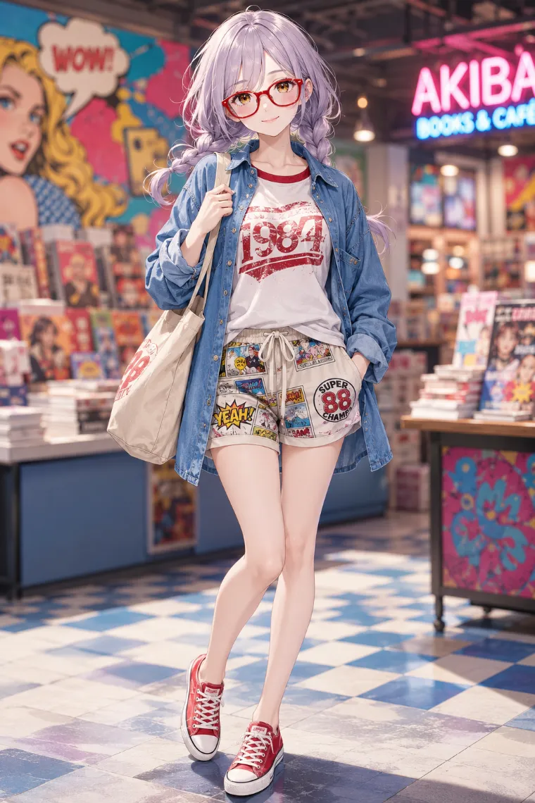 AIイラスト版｜デニムシャツとコミック柄ショーツを合わせたレトロストリートの原宿系ファッション