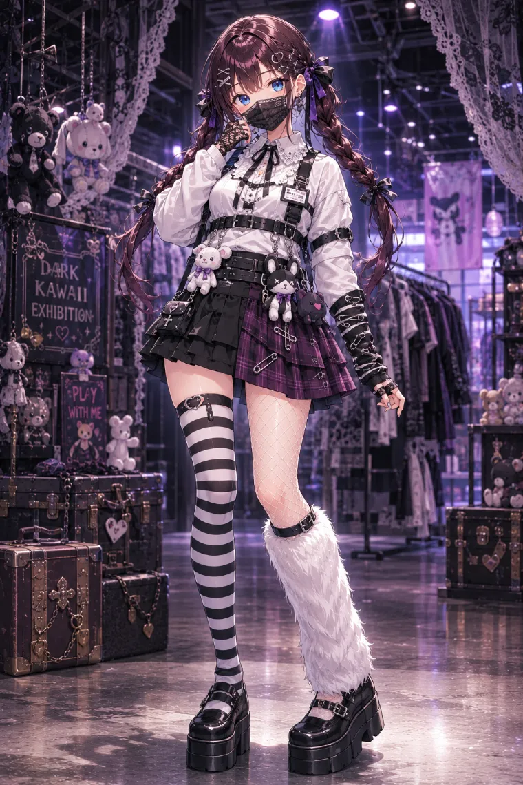 AIイラスト版｜ぬいぐるみハーネスとティアードミニを合わせたゴシックデコラの原宿系ファッション