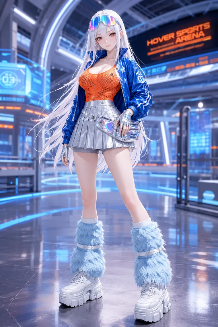 AIイラスト版｜青の光沢ジャージとシルバーフレアミニを合わせた近未来スポーツ風の原宿系ファッション