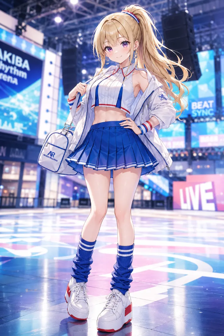 AIイラスト版｜白プリーツトップスとブルーフレアミニを合わせたスポーティな原宿系ファッション