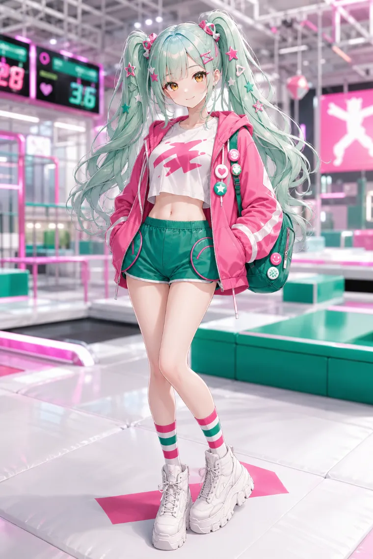 AIイラスト版｜ホットピンクパーカーとエメラルドショーツを合わせたカラフルスポーツ風の原宿系ファッション