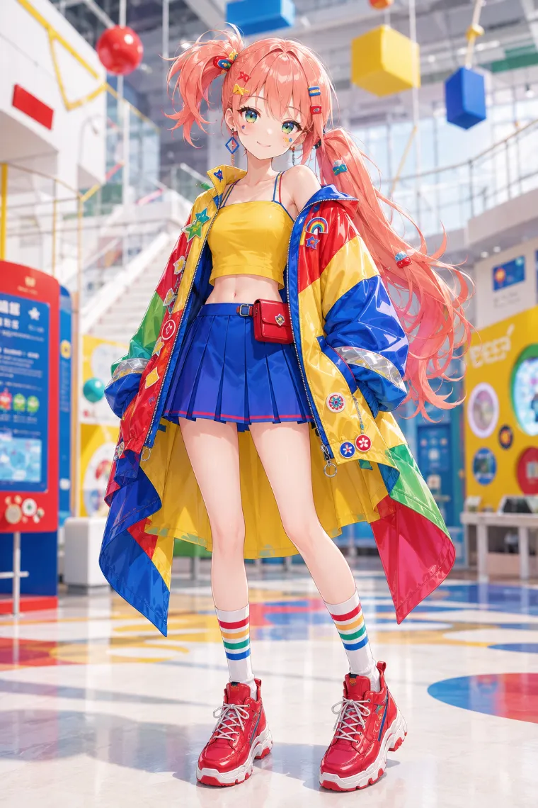 AIイラスト版｜カラーブロックウインドブレーカーとブルーミニを合わせたポップストリートの原宿系ファッション