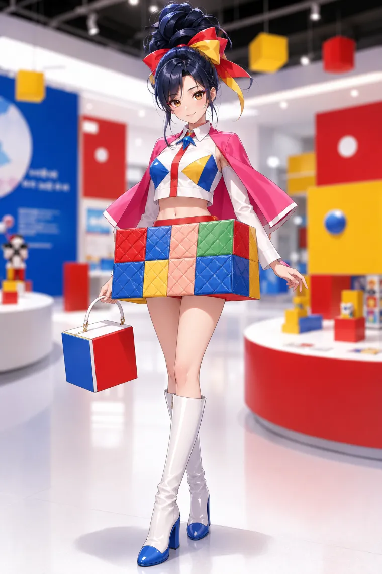AIイラスト版｜幾何学ブラウスと立体キルトミニを合わせたカラーブロックの原宿系ファッション