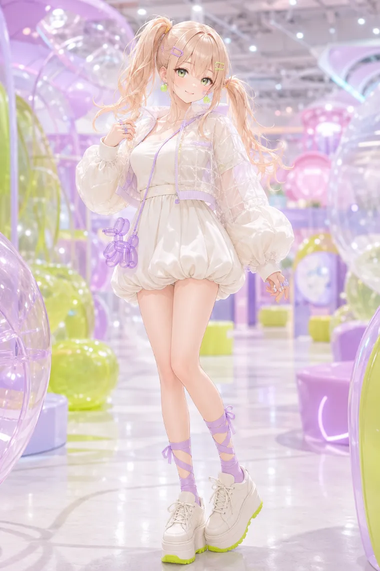 AIイラスト版｜バルーンブラウスとバブルミニを合わせた淡色の原宿系ファッション