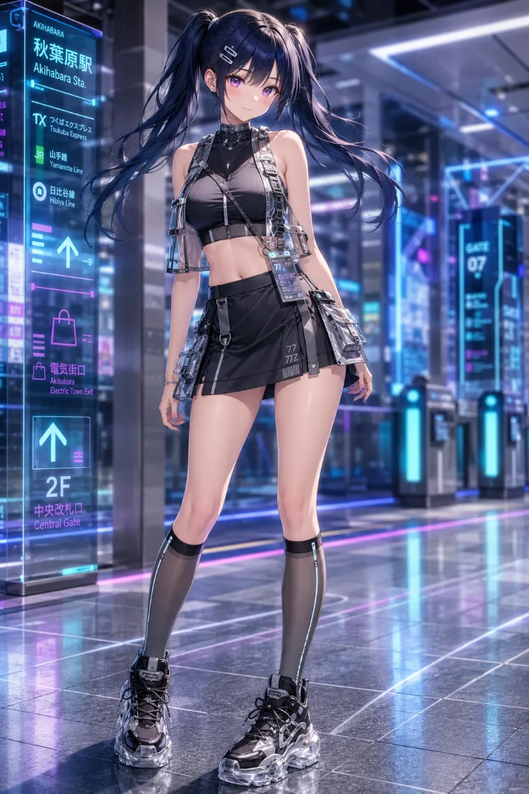 AIイラスト版｜反射テープトップスと透明ポーチ付きカーゴミニを合わせたサイバーテックの原宿系ファッション