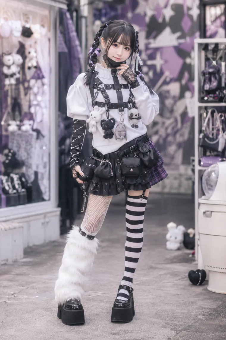 実写AI美女版｜ぬいぐるみハーネスとティアードミニを合わせたゴシックデコラの原宿系ファッション