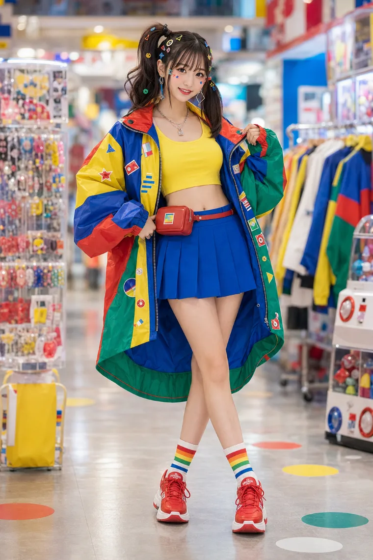 実写AI美女版｜カラーブロックウインドブレーカーとブルーミニを合わせたポップストリートの原宿系ファッション