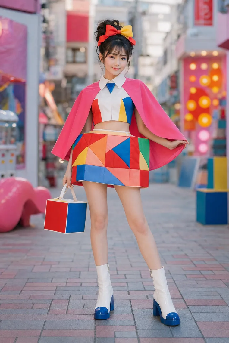 実写AI美女版｜幾何学ブラウスと立体キルトミニを合わせたカラーブロックの原宿系ファッション