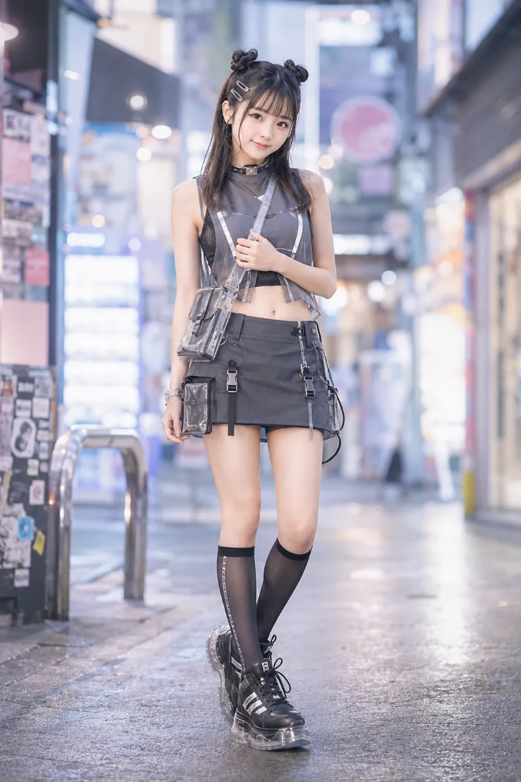 実写AI美女版｜反射テープトップスと透明ポーチ付きカーゴミニを合わせたサイバーテックの原宿系ファッション