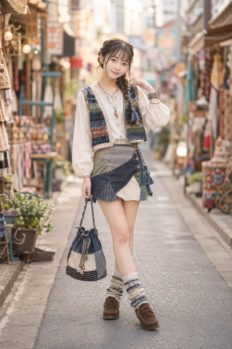 実写AI美女版｜藍色ニットベストと刺し子風パッチワークミニを合わせたクラフト感のある原宿系ファッション