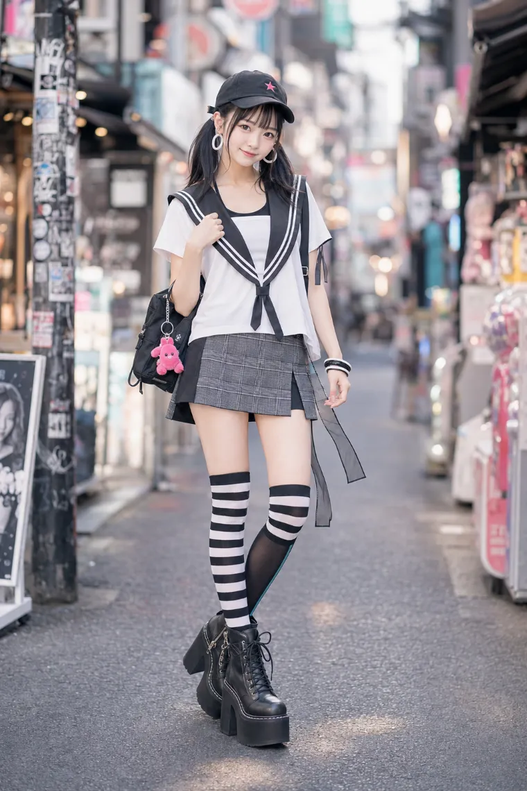 実写AI美女版｜黒白セーラーカラーとグレーチェックミニを合わせたモノクロの原宿系ファッション
