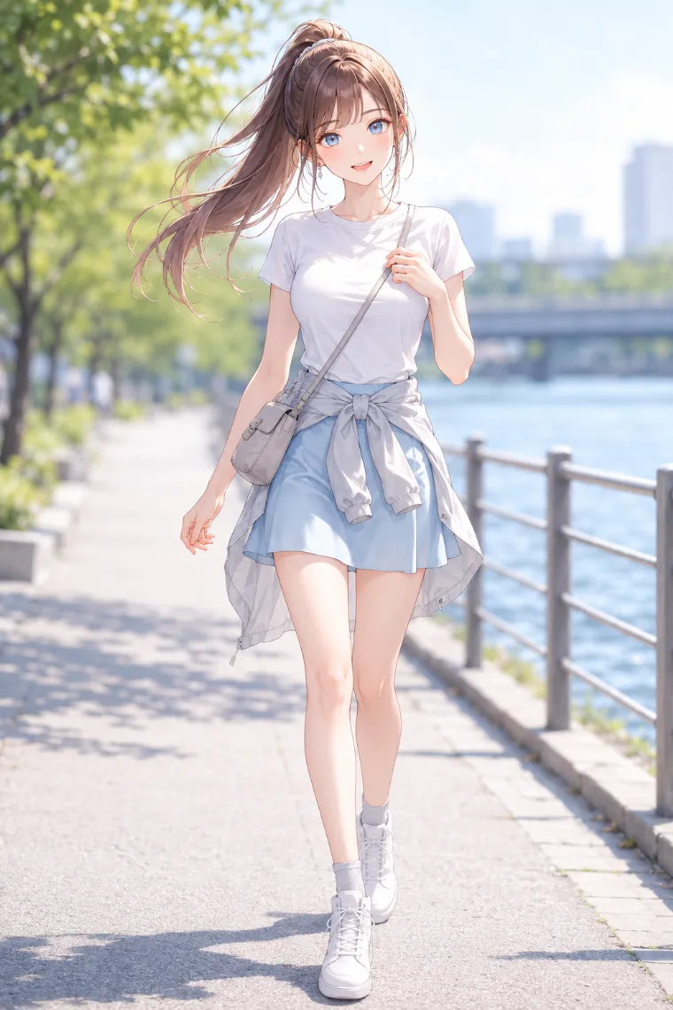 AIイラスト版｜白Tシャツとアイスブルーのサテンミニに薄手ブルゾンを腰巻きした肌見せコーデ