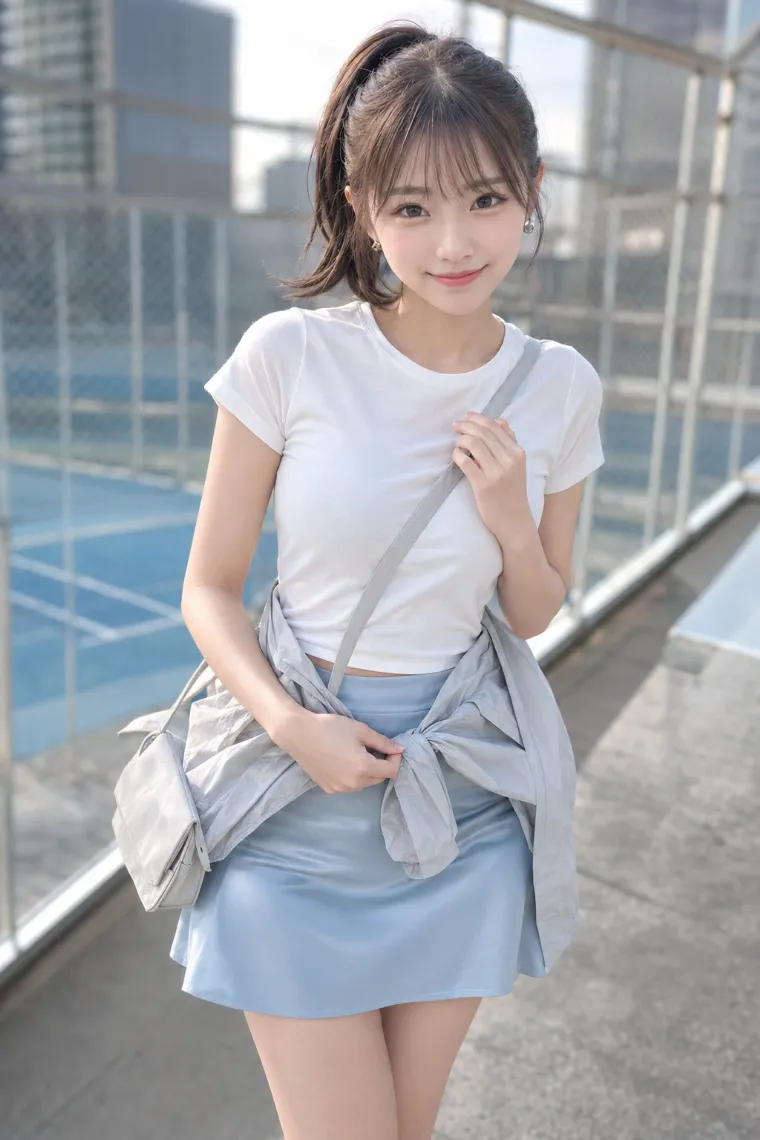 実写AI美女版｜白Tシャツとアイスブルーのサテンミニに薄手ブルゾンを腰巻きした肌見せコーデ