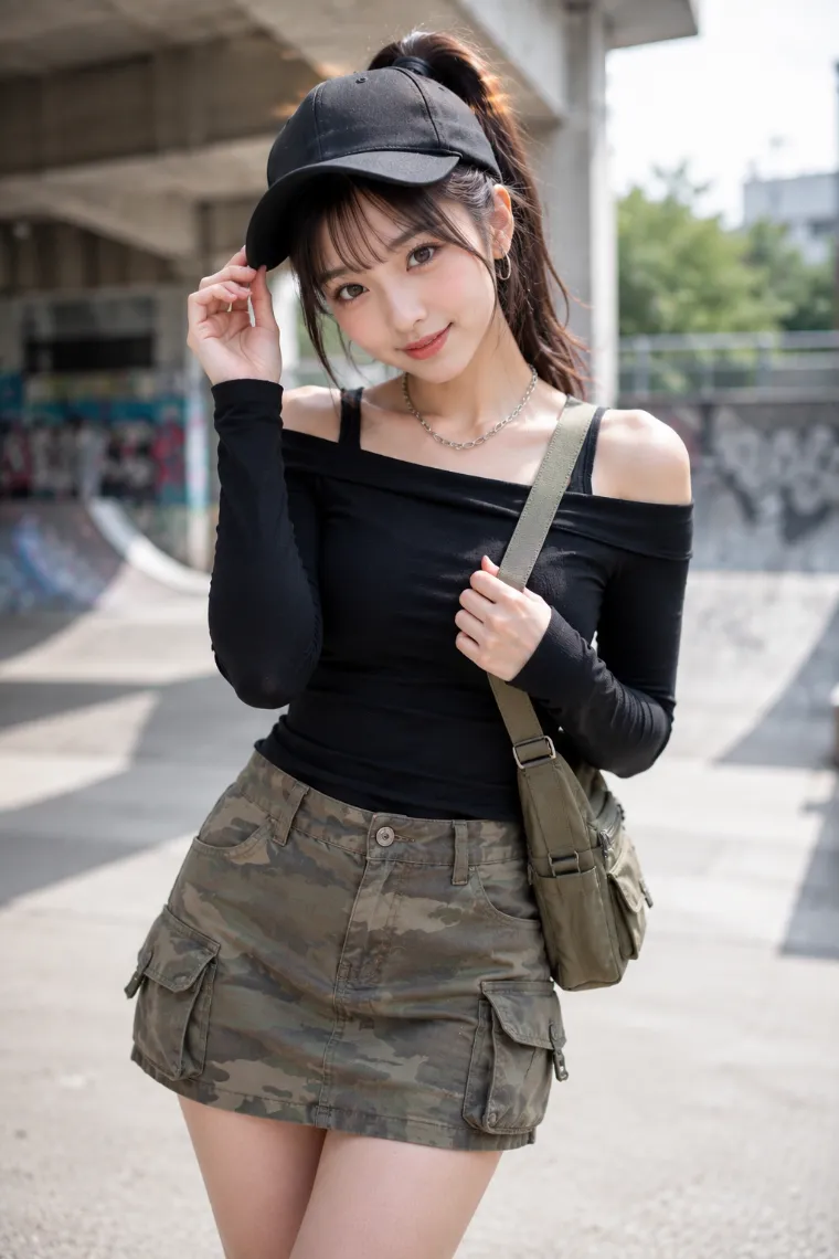 実写AI美女版｜黒の長袖オフショルダートップとオリーブ迷彩のカーゴミニを合わせた肌見せコーデ