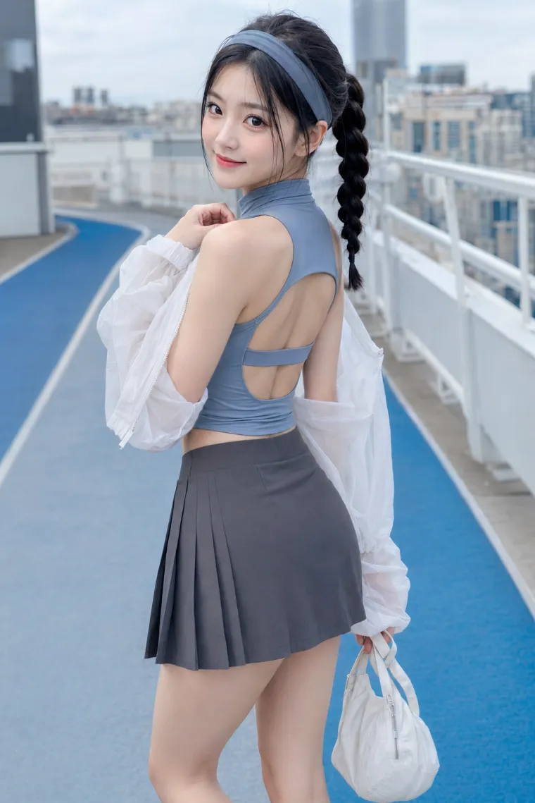 実写AI美女版｜背中カットアウト入りのブルーグレートップに白シアーブルゾンを片袖だけ通し、チャコールミニを合わせた肌見せコーデ