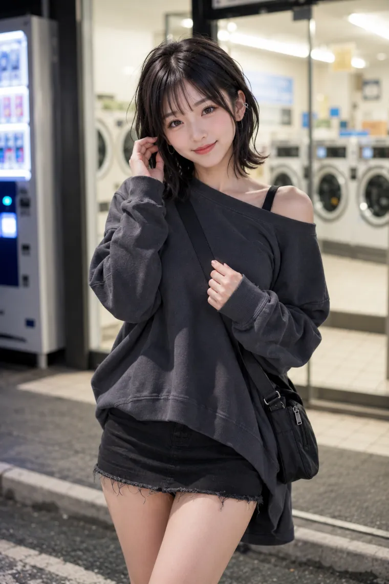 実写AI美女版｜チャコールスウェットを片肩にずらし、ブラックデニムの極短ミニを合わせた肌見せコーデ