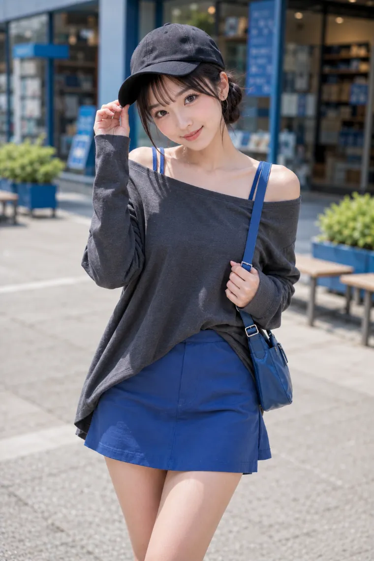実写AI美女版｜チャコールのロングトップにコバルトブルーのタンクとAラインミニを重ねた肌見せコーデ