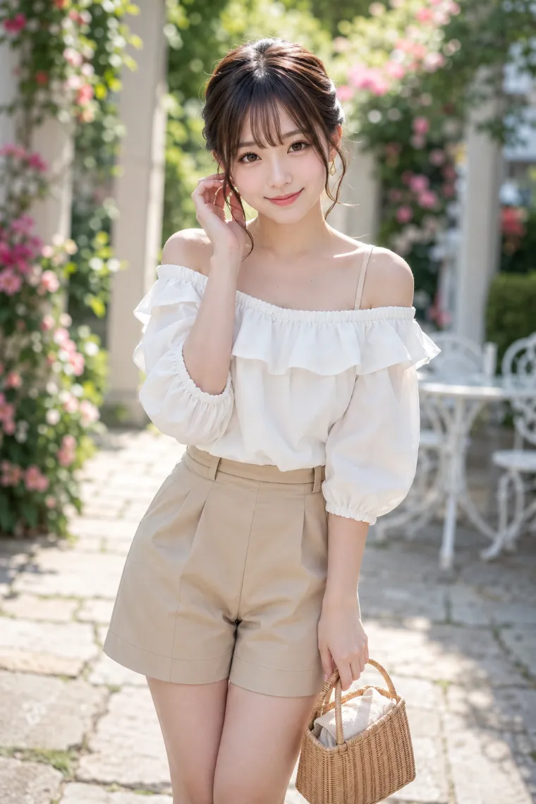 実写AI美女版｜白のフリルオフショルダーブラウスとベージュのタックショーツを合わせた肌見せコーデ