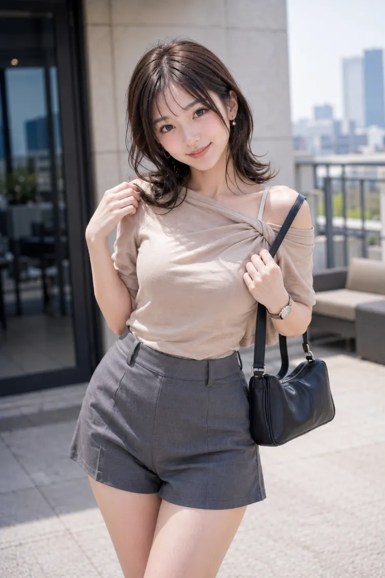 実写AI美女版｜ベージュのねじりオフショルダートップとグレーのセンタープレスショーツを合わせた肌見せコーデ