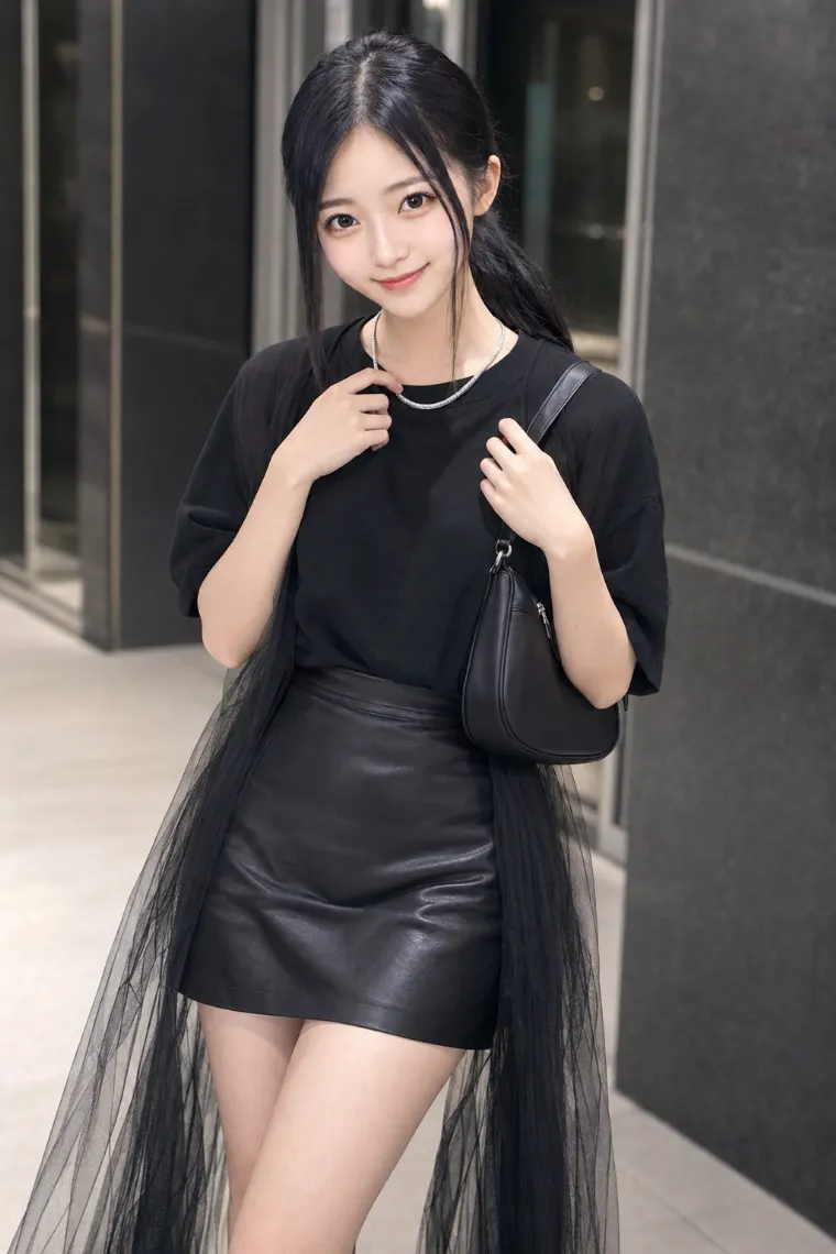 実写AI美女版｜黒Tシャツと黒ミニに足首丈のチュールジレを重ねた肌見せコーデ