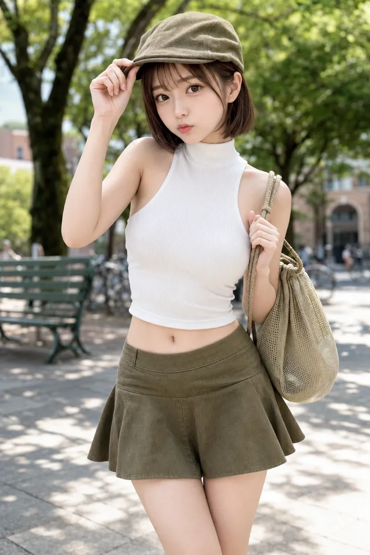 実写AI美女版｜白のハイネックアメスリトップとカーキオリーブのドロップウエストサーキュラーミニを合わせた肌見せコーデ