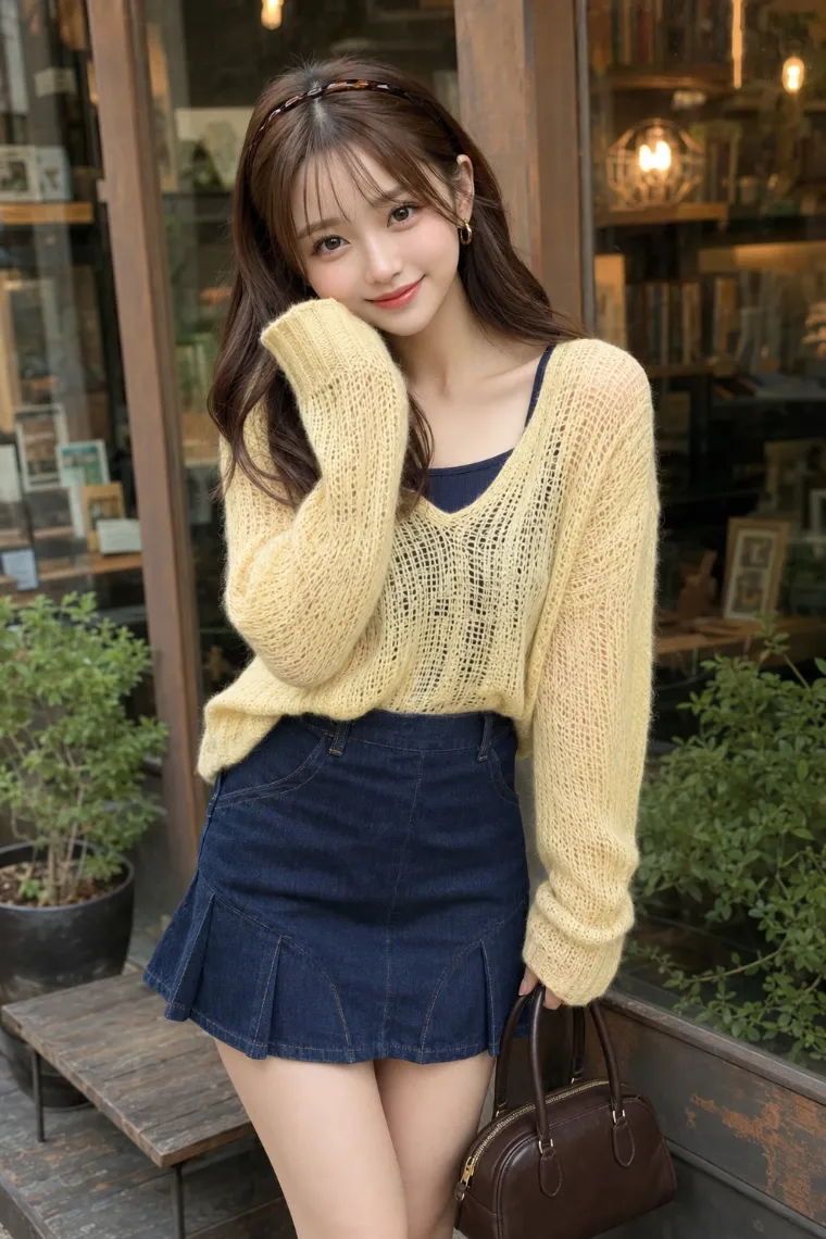 実写AI美女版｜ネイビーのキャミにバターイエローのローゲージニットを重ね、濃紺のゴデットミニを合わせた肌見せコーデ
