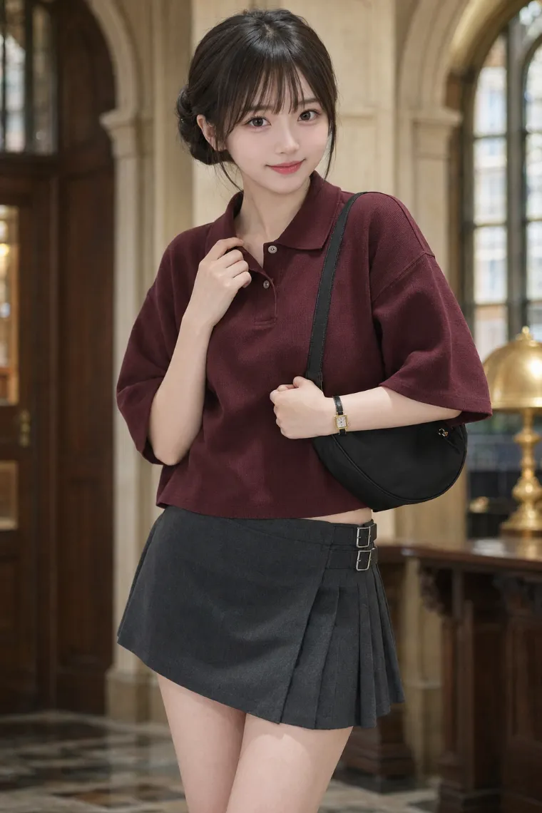実写AI美女版｜ボルドーの短丈ポロとチャコールグレーのローライズキルトスコートを合わせた肌見せコーデ