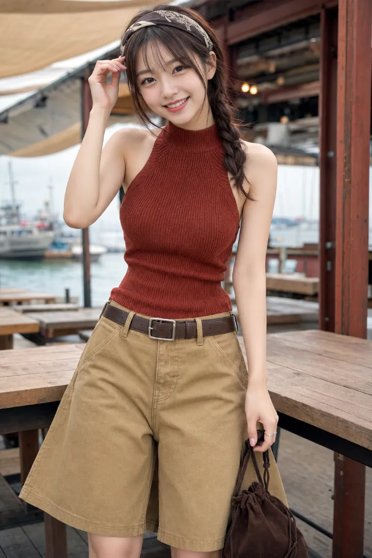 実写AI美女版｜ディープラストのホルター風アメスリトップとゴールデンタンのワイドワークハーフパンツを合わせた肌見せコーデ