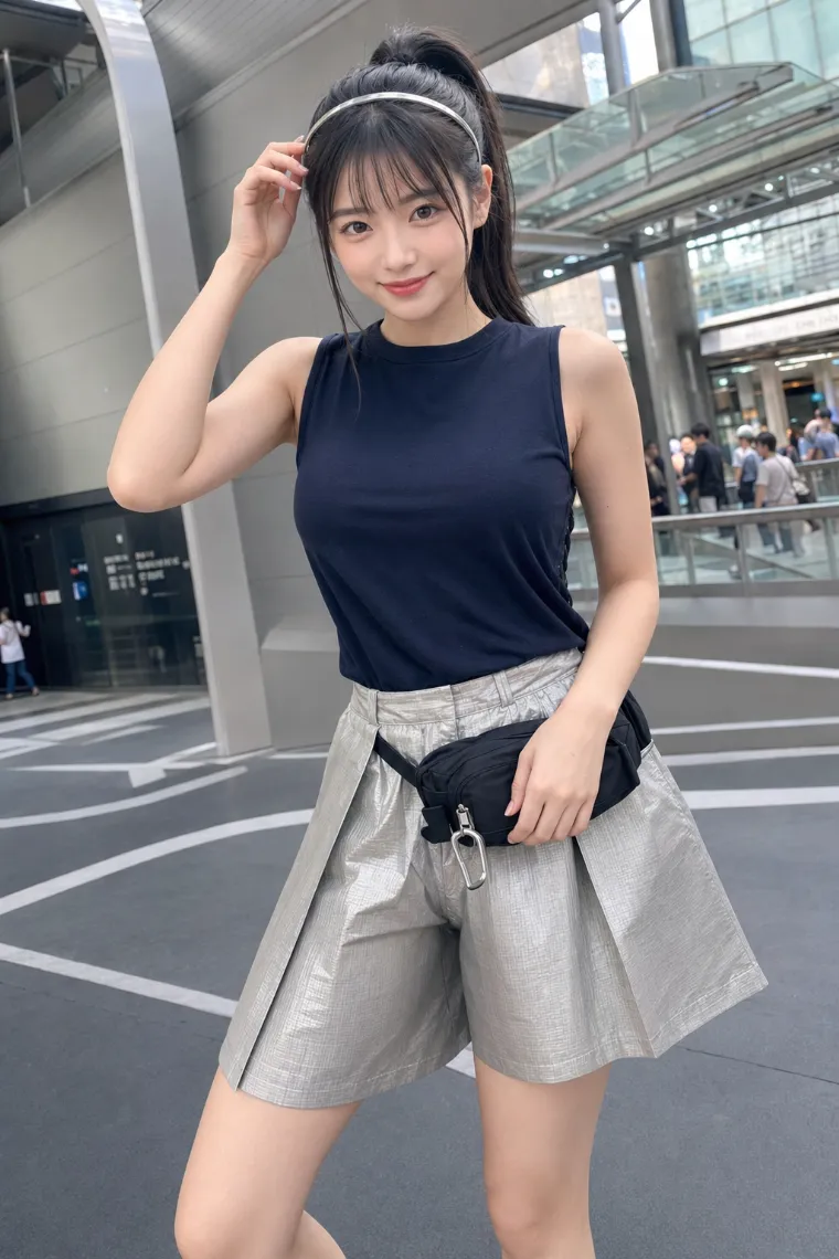 実写AI美女版｜背面レース切り替えのインクネイビーマッスルタンクとシルバーグレーのワイドテックキュロットを合わせた肌見せコーデ