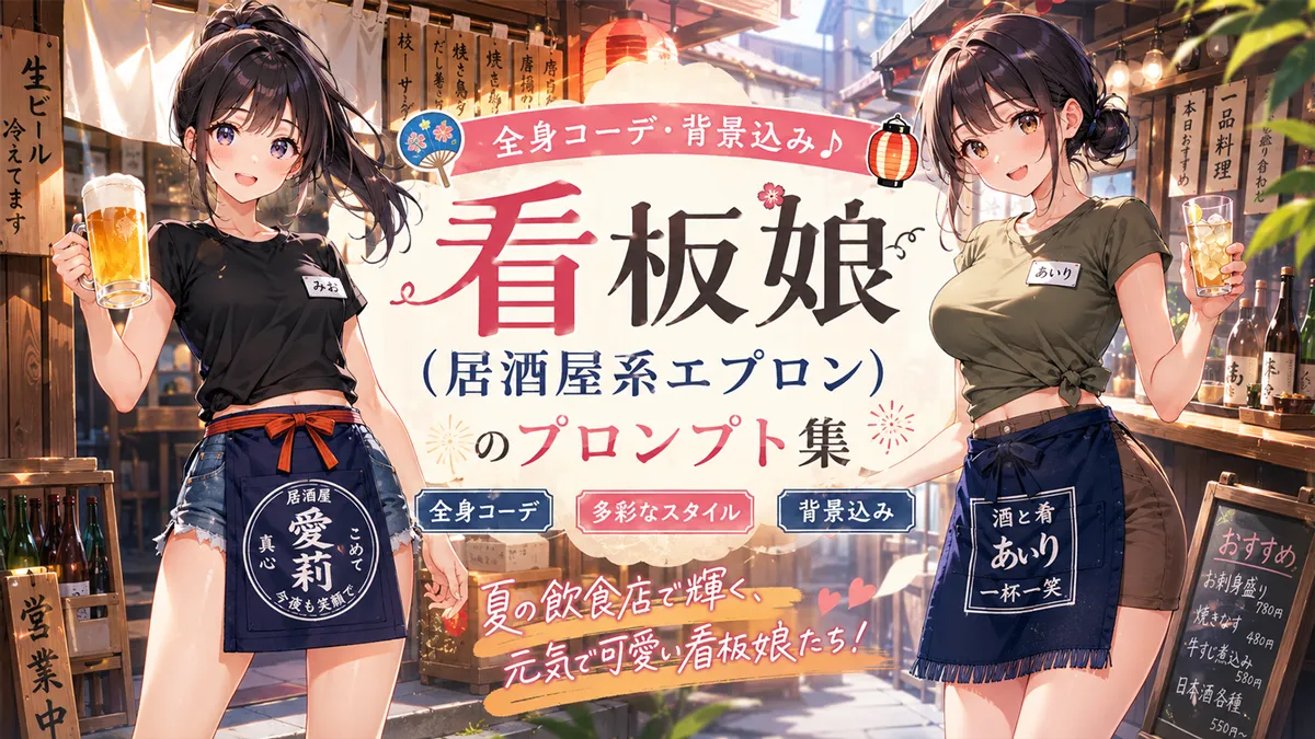 看板娘（居酒屋系エプロン）のプロンプト集【全身コーデ・背景込み】