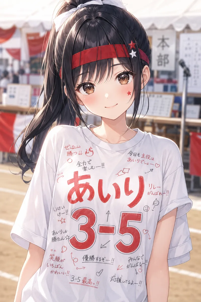 AIイラスト版｜黒髪ロングの高めポニーテールに赤いはちまきと白リボンを合わせた体育祭ヘアアレンジ